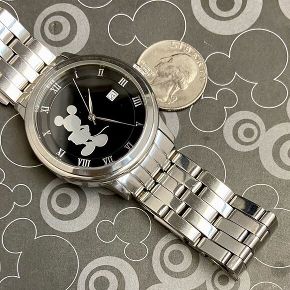 Disney Time Works All Stainless Steel Mickey Mouse Silhouette Dial Unisex Watch - Picture 9 of 14